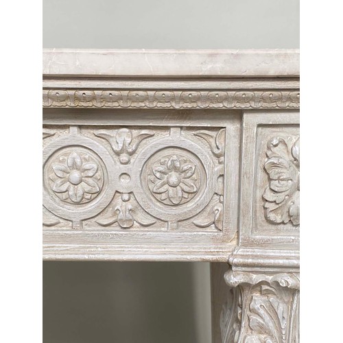 88 - CONSOLE TABLE, 151cm x 51cm D x 80cm H, Italian, grey painted top with carved rosette frieze and , t... 