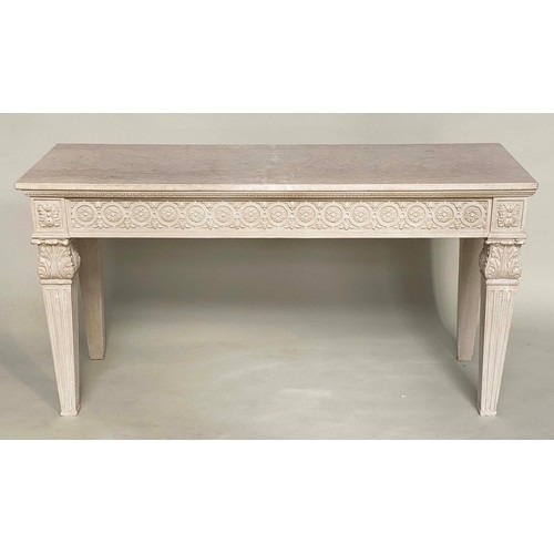 88 - CONSOLE TABLE, 151cm x 51cm D x 80cm H, Italian, grey painted top with carved rosette frieze and , t... 