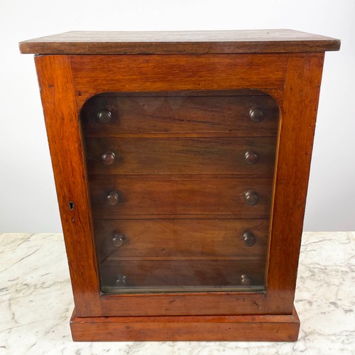 16 - COLLECTORS CABINET, Victorian mahogany with six graduated drawers behind arched glazed door on plint... 