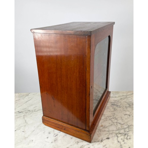 16 - COLLECTORS CABINET, Victorian mahogany with six graduated drawers behind arched glazed door on plint... 