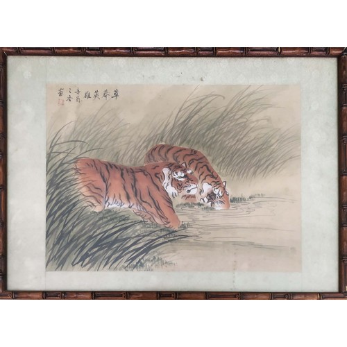 23 - CHINESE SCHOOL WATERCOLOURS, a pair, 48cm x 33cm, late 19th/early 20th century, Tigers with silk bor... 