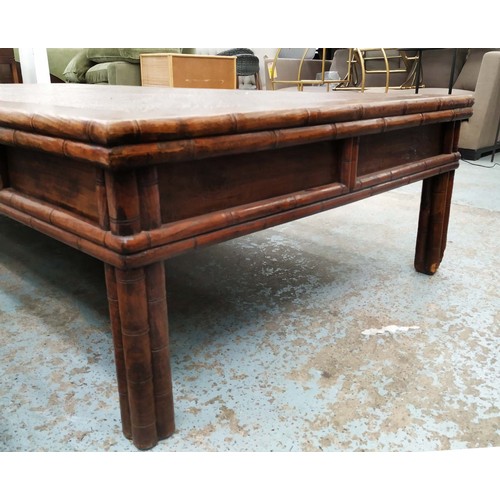 530 - LOW TABLE, Chinese style faux bamboo, rattan top, 225cm x 109cm x 51cm.