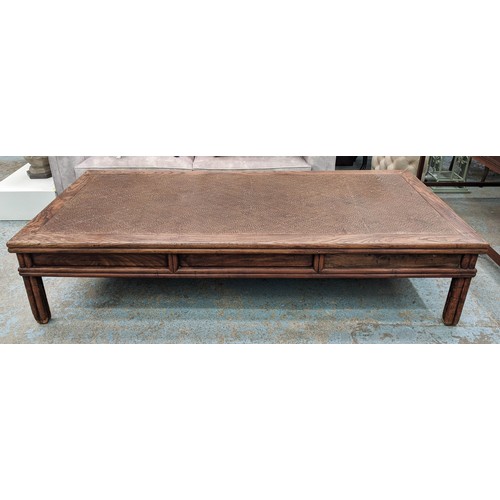 530 - LOW TABLE, Chinese style faux bamboo, rattan top, 225cm x 109cm x 51cm.