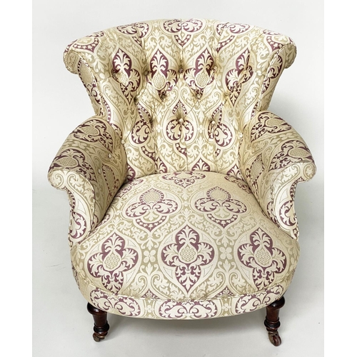 146 - ARMCHAIR, Victorian walnut with gothic tracery silk twill upholstery with arch deep buttoned back, s... 