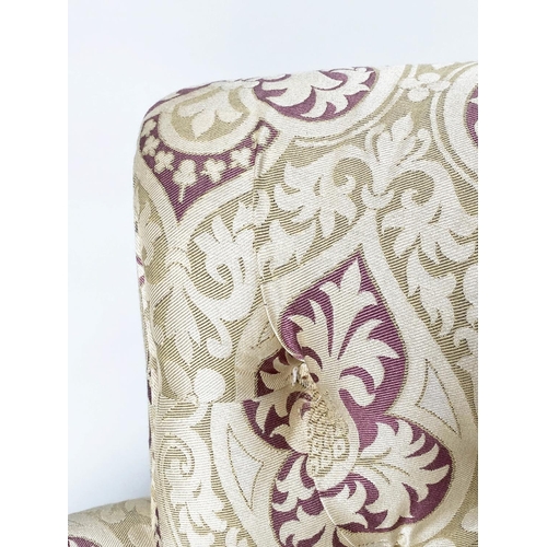 146 - ARMCHAIR, Victorian walnut with gothic tracery silk twill upholstery with arch deep buttoned back, s... 