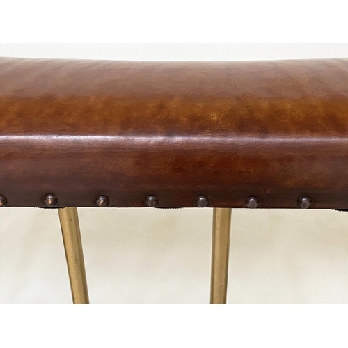 149 - CLUB FENDER, early 20th century studded tan brown leather, continuous seat above broad rail balustra... 