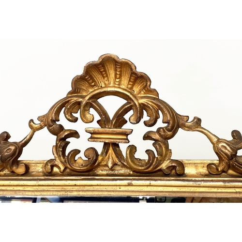 164 - OVERMANTEL MIRROR, 19th century carved giltwood arched rectangular with shell and scroll crest and m... 