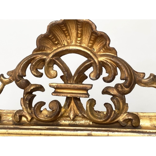 164 - OVERMANTEL MIRROR, 19th century carved giltwood arched rectangular with shell and scroll crest and m... 