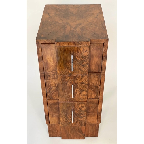 167 - ART DECO BEDSIDE CHESTS, a pair, figured walnut each breakfront with three drawers, 35cm W x 48cm D ... 