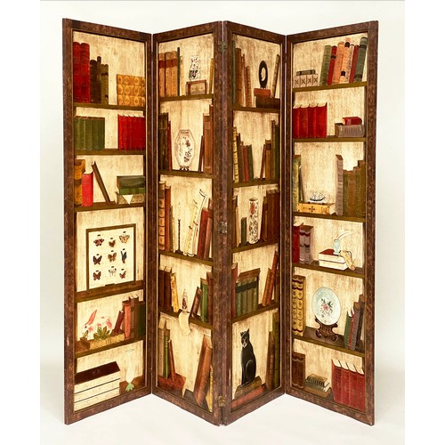 SCREEN, four fold, each panel 191cm H x 59cm W, decorated with books and collectors items, with faux burr walnut reverse.