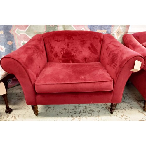 527 - ARMCHAIR, 95cm x 145cm, red fabric upholstered.