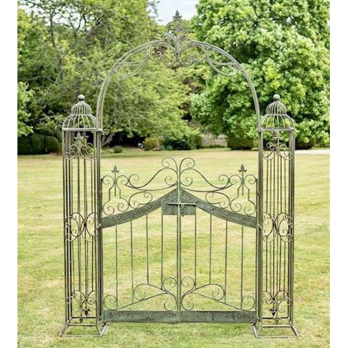 372 - ARCHITECTURAL GARDEN GATE, 250cm high, 185cm wide, 38cm deep, Regency style, aged painted finish.