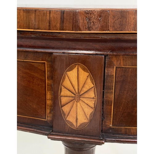 102 - CARD TABLE, George III Irish mahogany and tulipwood demi lune foldover with paterae inlaid frieze an... 