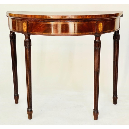 102 - CARD TABLE, George III Irish mahogany and tulipwood demi lune foldover with paterae inlaid frieze an... 