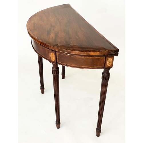 102 - CARD TABLE, George III Irish mahogany and tulipwood demi lune foldover with paterae inlaid frieze an... 