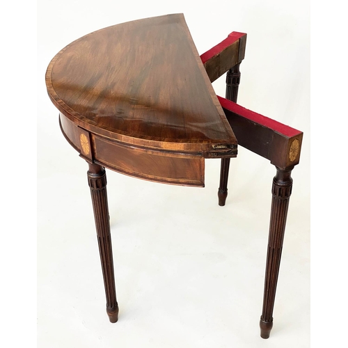 102 - CARD TABLE, George III Irish mahogany and tulipwood demi lune foldover with paterae inlaid frieze an... 