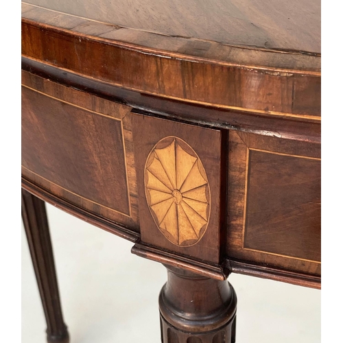 102 - CARD TABLE, George III Irish mahogany and tulipwood demi lune foldover with paterae inlaid frieze an... 