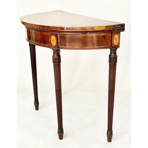 102 - CARD TABLE, George III Irish mahogany and tulipwood demi lune foldover with paterae inlaid frieze an... 