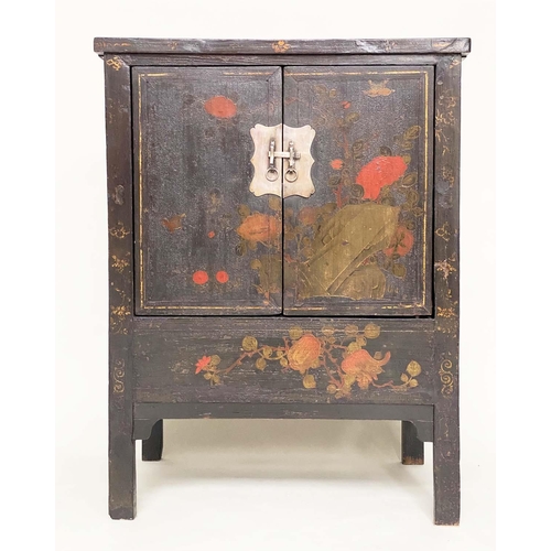 104 - CHINESE SIDE CABINET, 19th century Chinese lacquered and polychrome Chinoiserie painted with two pan... 