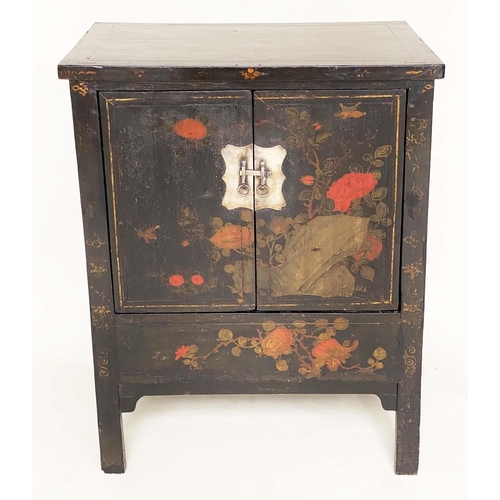 104 - CHINESE SIDE CABINET, 19th century Chinese lacquered and polychrome Chinoiserie painted with two pan... 