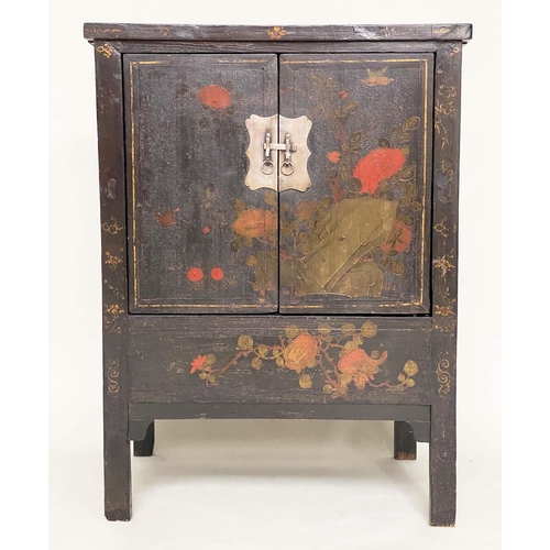 104 - CHINESE SIDE CABINET, 19th century Chinese lacquered and polychrome Chinoiserie painted with two pan... 