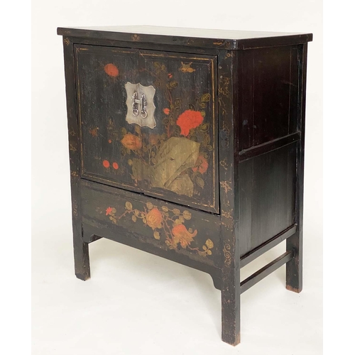 104 - CHINESE SIDE CABINET, 19th century Chinese lacquered and polychrome Chinoiserie painted with two pan... 