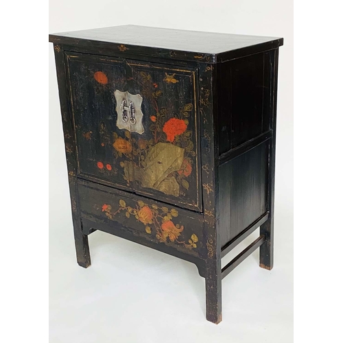 104 - CHINESE SIDE CABINET, 19th century Chinese lacquered and polychrome Chinoiserie painted with two pan... 