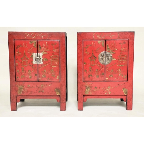 106 - CHINESE SIDE CABINETS, a pair, early 20th century scarlet lacquered, gilt Chinoiserie decorated and ... 