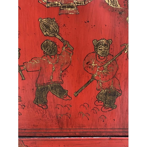 106 - CHINESE SIDE CABINETS, a pair, early 20th century scarlet lacquered, gilt Chinoiserie decorated and ... 