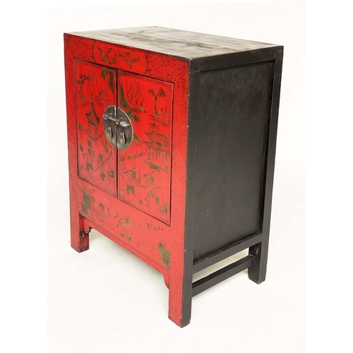 106 - CHINESE SIDE CABINETS, a pair, early 20th century scarlet lacquered, gilt Chinoiserie decorated and ... 