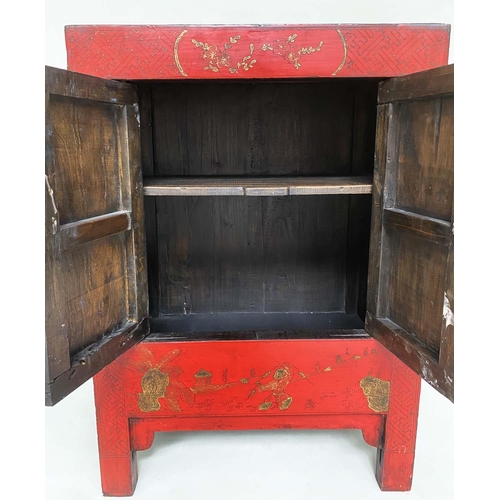 106 - CHINESE SIDE CABINETS, a pair, early 20th century scarlet lacquered, gilt Chinoiserie decorated and ... 