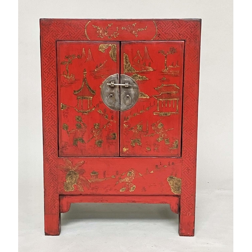 106 - CHINESE SIDE CABINETS, a pair, early 20th century scarlet lacquered, gilt Chinoiserie decorated and ... 