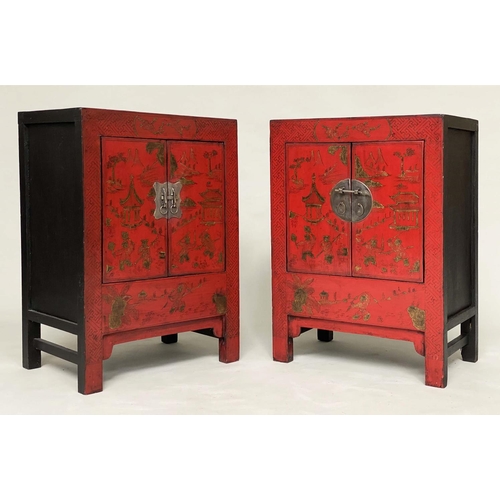 106 - CHINESE SIDE CABINETS, a pair, early 20th century scarlet lacquered, gilt Chinoiserie decorated and ... 