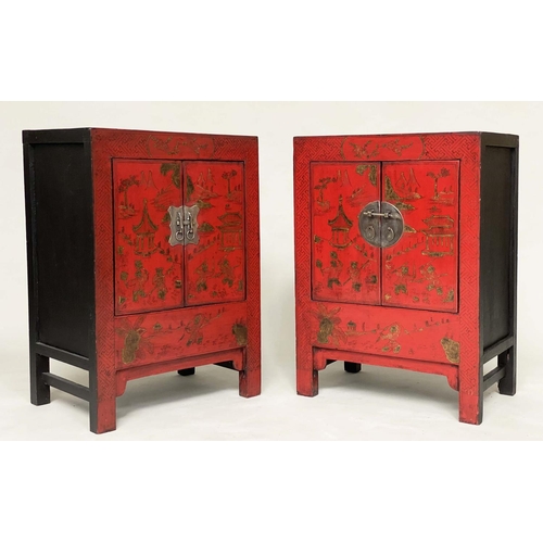 106 - CHINESE SIDE CABINETS, a pair, early 20th century scarlet lacquered, gilt Chinoiserie decorated and ... 