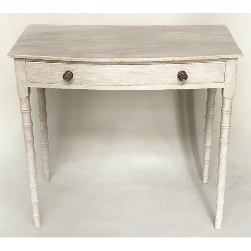 110 - FAUX BAMBOO WRITING TABLE, 19th century grey painted, bowed outlined, silvered metal with frieze dra... 