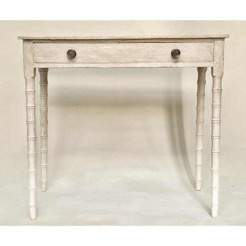 110 - FAUX BAMBOO WRITING TABLE, 19th century grey painted, bowed outlined, silvered metal with frieze dra... 