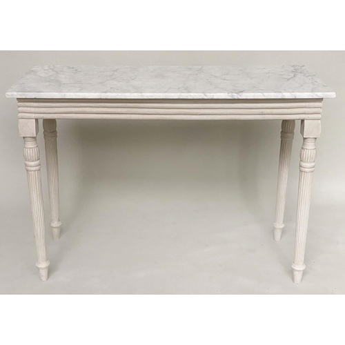 112 - CONSOLE TABLE, Regency style grey painted with reeded frieze and turned tapering supports, 123cm W x... 