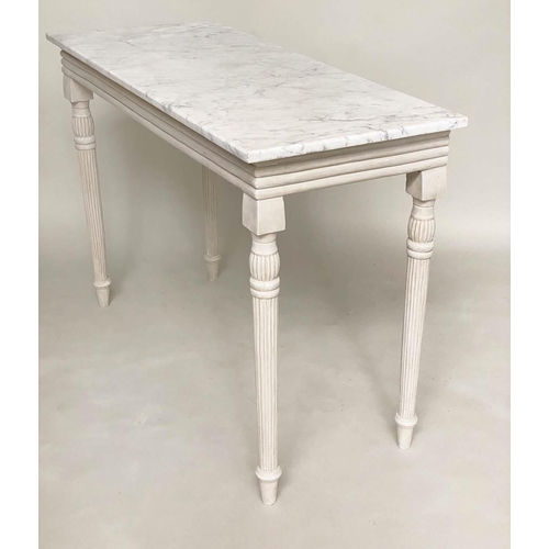 112 - CONSOLE TABLE, Regency style grey painted with reeded frieze and turned tapering supports, 123cm W x... 