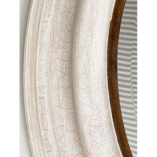 118 - WALL MIRROR, circular beveled within a deep grey frame with gilt slip, 91cm W.