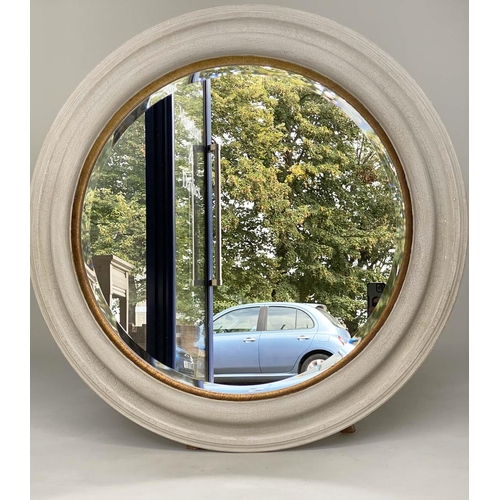 118 - WALL MIRROR, circular beveled within a deep grey frame with gilt slip, 91cm W.