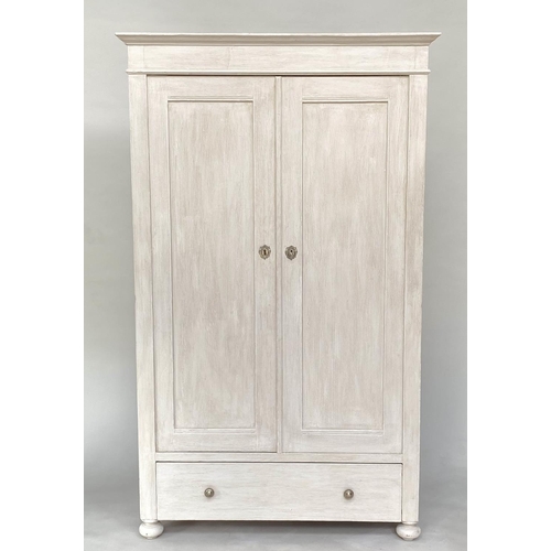 120 - ARMOIRE, 19th century French grey painted with two panelled doors enclosing hanging, 178cm H x 107cm... 