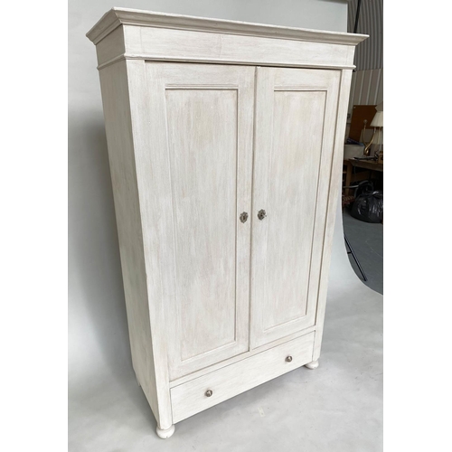 120 - ARMOIRE, 19th century French grey painted with two panelled doors enclosing hanging, 178cm H x 107cm... 