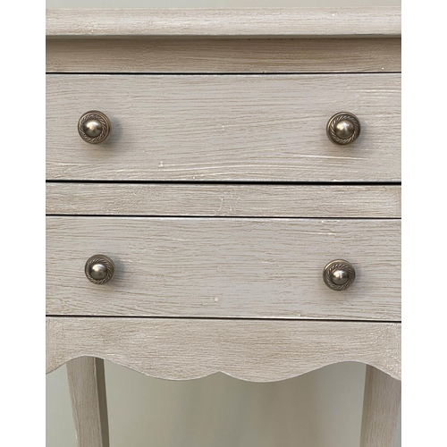 121 - BEDSIDE CHESTS, a pair, French Louis XV style traditionally grey painted each with two drawers and s... 