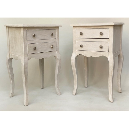 121 - BEDSIDE CHESTS, a pair, French Louis XV style traditionally grey painted each with two drawers and s... 