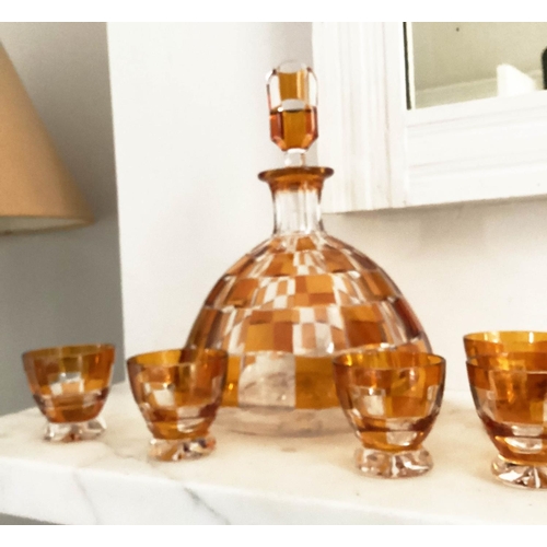 127 - DECANTER AND GLASSES, Art Deco Bohemian decanter and six glasses with amber overlaid glass detail de... 