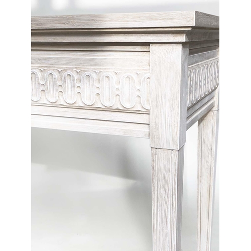 128 - CONSOLE TABLES, a pair, Regency style grey painted each with fluted frieze and square support, 85cm ... 