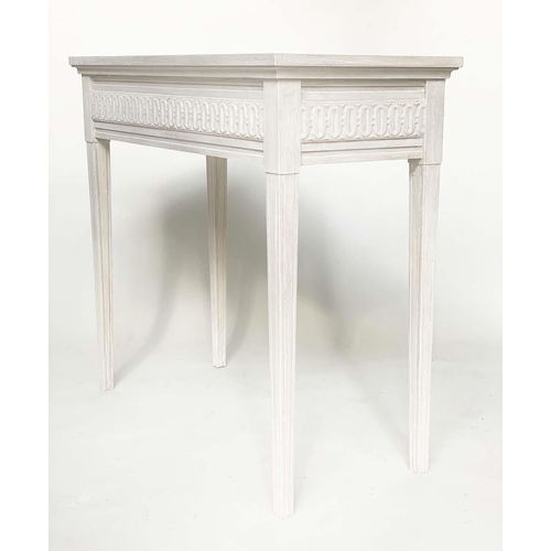 128 - CONSOLE TABLES, a pair, Regency style grey painted each with fluted frieze and square support, 85cm ... 