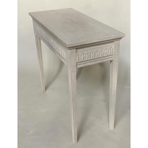 128 - CONSOLE TABLES, a pair, Regency style grey painted each with fluted frieze and square support, 85cm ... 