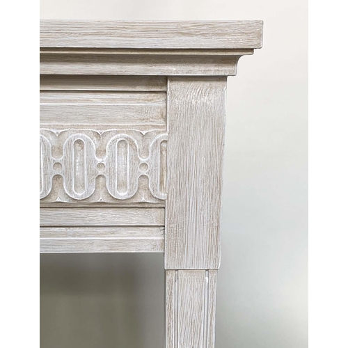 128 - CONSOLE TABLES, a pair, Regency style grey painted each with fluted frieze and square support, 85cm ... 