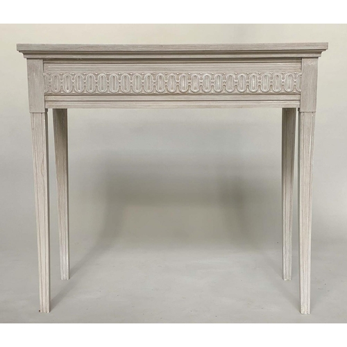 128 - CONSOLE TABLES, a pair, Regency style grey painted each with fluted frieze and square support, 85cm ... 